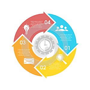 Circle business infographic template with 4 steps or options and arrows. The concept can be used for diagram, graph or chart