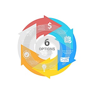 Circle business infographic template with 6 steps or options with arrows. The concept can be used for diagram, graph or chart