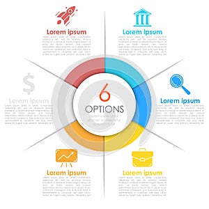 Circle business infographic template with 6 steps or options. The concept can be used for diagram, graph or chart