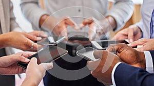 Circle, business people and hands with smartphone, typing and internet with connection, teamwork and digital app. Group