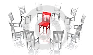 Circle of chairs with red one in the middle