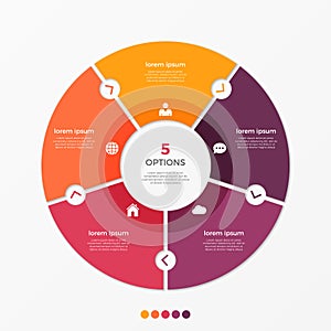 Circle chart infographic template with 5 options.