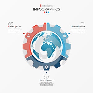 Circle chart infographic template with globe 3 options