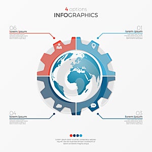 Circle chart infographic template with globe 4 options