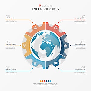 Circle chart infographic template with globe 6 options