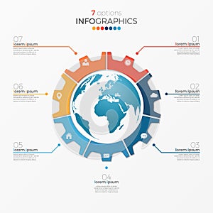 Circle chart infographic template with globe 7 options