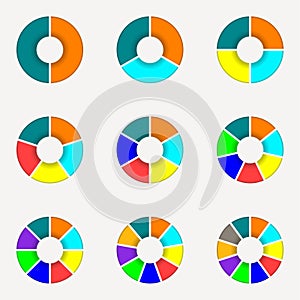 Circle chart set. Round pie chart template. Circle infographic concept with 2,3,4,5,6,7,8,9,10 steps, parts, levels or options. Co