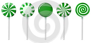 Circle christmas candy cane. Lollipopst stick. Traditional realistic xmas candy and green, white stripes. Santa caramel