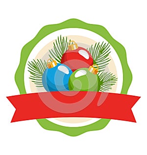 Circle Christmas Label Icon Flat with Balls and Pine Isolated on