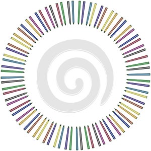 Circle circle from multi-colored colored markers or liners in a row isolated on white background inverted inside circle