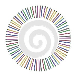 Circle circle from multi-colored colored markers or liners in a row isolated on a white background unfolded from a circle outwards