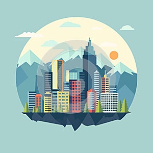 Circle Cityscape Building with Mountain View in Bright Day Flat Design Illustration
