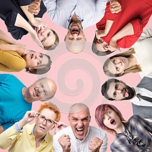 Circle collage of different men and women showing sad and negative emotions on pink background. photo