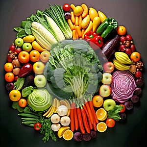Circle of colorful fruit and vegtables.