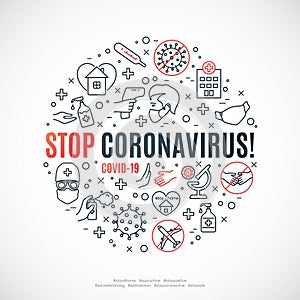 Circle composition with line icons and text Stop Coronavirus.