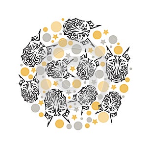 Circle concept with doberman dog head stylized Maori face tattoo, circles and stars