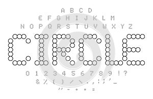 Circle contours alphabet. Black and white simple dotted letters, numbers and symbols set. Mosaic tiles shape. Circle