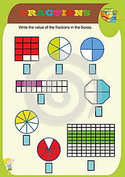 Circle the correct fraction, Mathematics, math worksheet for kids.Fractions Addition, Printable Fractions Worksheets for kids , fr