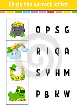 Circle the correct letter. Education developing worksheet. Learning game for kids. St. Patrick`s day. Color activity page. Cartoo