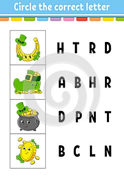 Circle the correct letter. Education developing worksheet. Learning game for kids. St. Patrick`s day. Color activity page. Cartoo