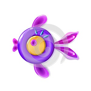 Circle Cute purple, violet fish glossy plastic toy 3d. Cartoon bagel or donut colorful. Design baby Funny fishes. Vector