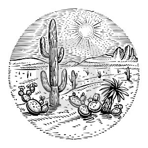 Circle desert vector. Round western landscape sketch with cactus, sunset and rocks.
