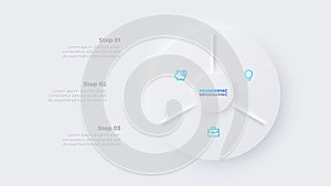 Circle diagram divided into 3 sectors. Design concept of three steps or parts of business cycle. Neumorphic infographic