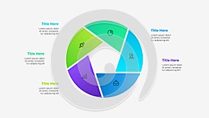 Circle diagram divided into 5 parts with a pentagon in the center. Template of five options of business project