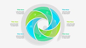 Circle diagram divided into 6 segments. Template of six options of business project infographic