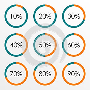 Circle diagram set with percentage. Pie chart infographics template. 10 20 30 40 50 60 70 80 90 percent. Vector illustration