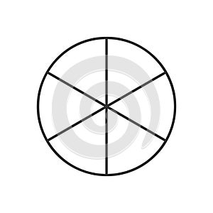 Circle divided in 6 segments isolated on white background. Pie or pizza round shape cut in six equal parts in outline