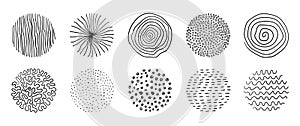 Circle doodle hand drawn textures. Vector abstract artistic scribbles. Minimal dotted and striped patterns