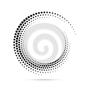 Circle dots spiral. Frame randomly dot. Futuristic ring with effect halftone. Border curved. Abstract faded circle. Semitone wavy