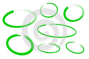 Circle draw set, design elements of highlighting, green marker isolated on white background, vector illustration.