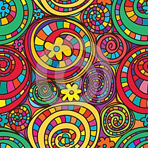Circle drawing colorful flowers seamless pattern