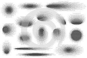 Circle drop shadows set with bitmap effect isolated on white background. Soft gradient shapes with pixel noise. Vector dither photo