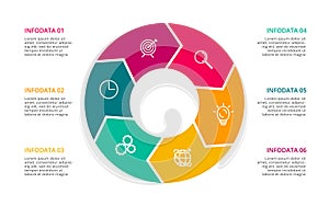 Circle elements of graph, diagram with 6 steps, options, parts or processes. Template for infographic, presentation.