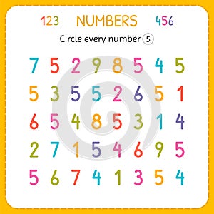 Circle every number Five. Numbers for kids. Worksheet for kindergarten and preschool. Training to write and count numbers. Exercis