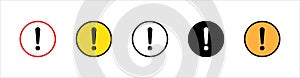 Circle exclamation mark icon vector set. Red, black, yellow and white colors variations. Caution attention warning symbol set