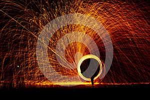 Circle of Fire flame with movement isolated on black isolated background - Beautiful yellow, orange and red and red blaze fire