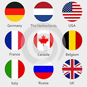 Circle flags icon or badges set. Round National symbol of USA, UK, Holland, the Netherlands, Germany, Italy, Canada, France, Russi