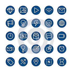 Circle flat line icon set, business media network, contact online internet communication