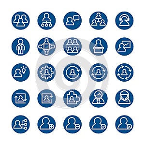 Circle flat line icon set, business teamwork consult people group contact
