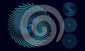 Circle form halftone wave blue color. Set of abstract spirals with waves