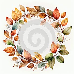 Circle frame with autumn leaves watercolor painted isolated on white background.