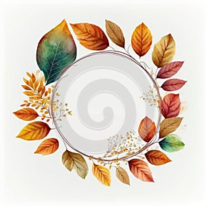 Circle frame with autumn leaves watercolor painted isolated on white background.