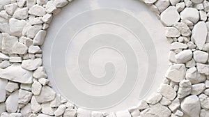 Circle frame of beautiful white crushed stone, top view, tranquility of nature, minimal style material textured background.