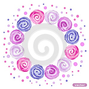 Circle frame from colorful spiral spots. Watercolor