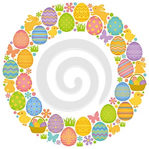 Circle frame with Easter eggs, bunnies and chicks.