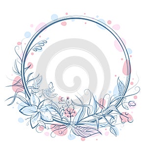 Circle frame with flower, leaf, berry and copy space. Blue and white doodle vector illustration with pink smears